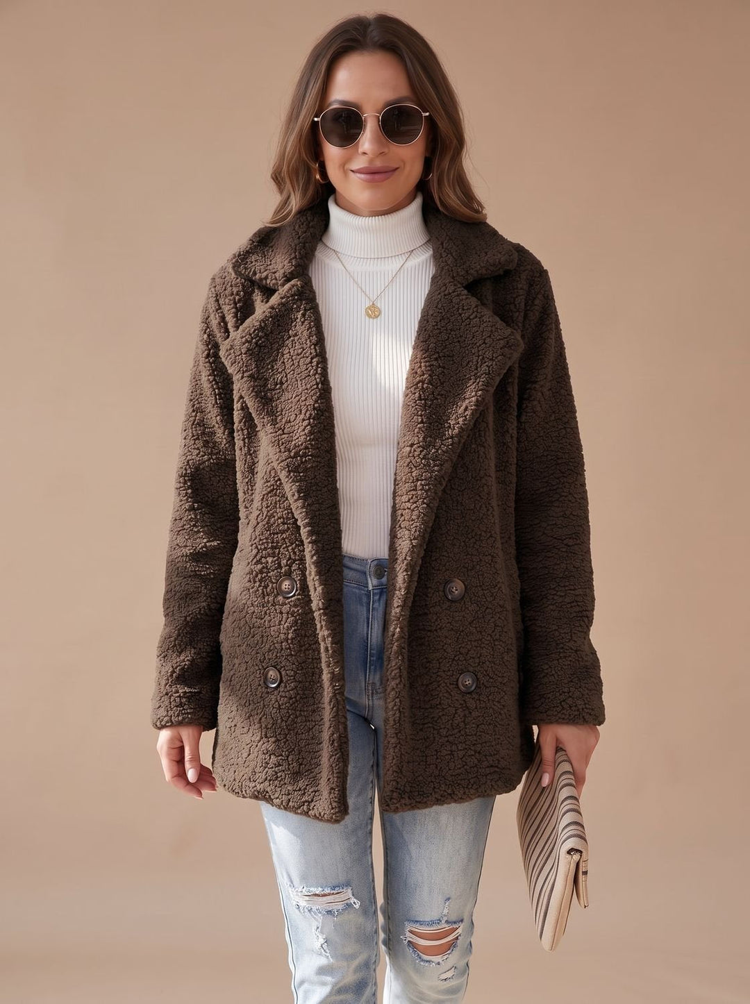 Oversized Teddy Faux Fur Women's Coat in Coffee