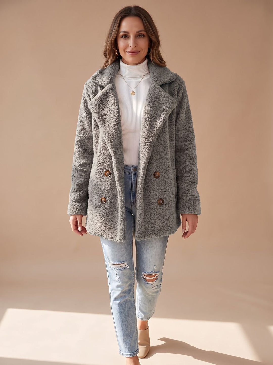 Oversized Teddy Faux Fur Women's Coat in Light Grey
