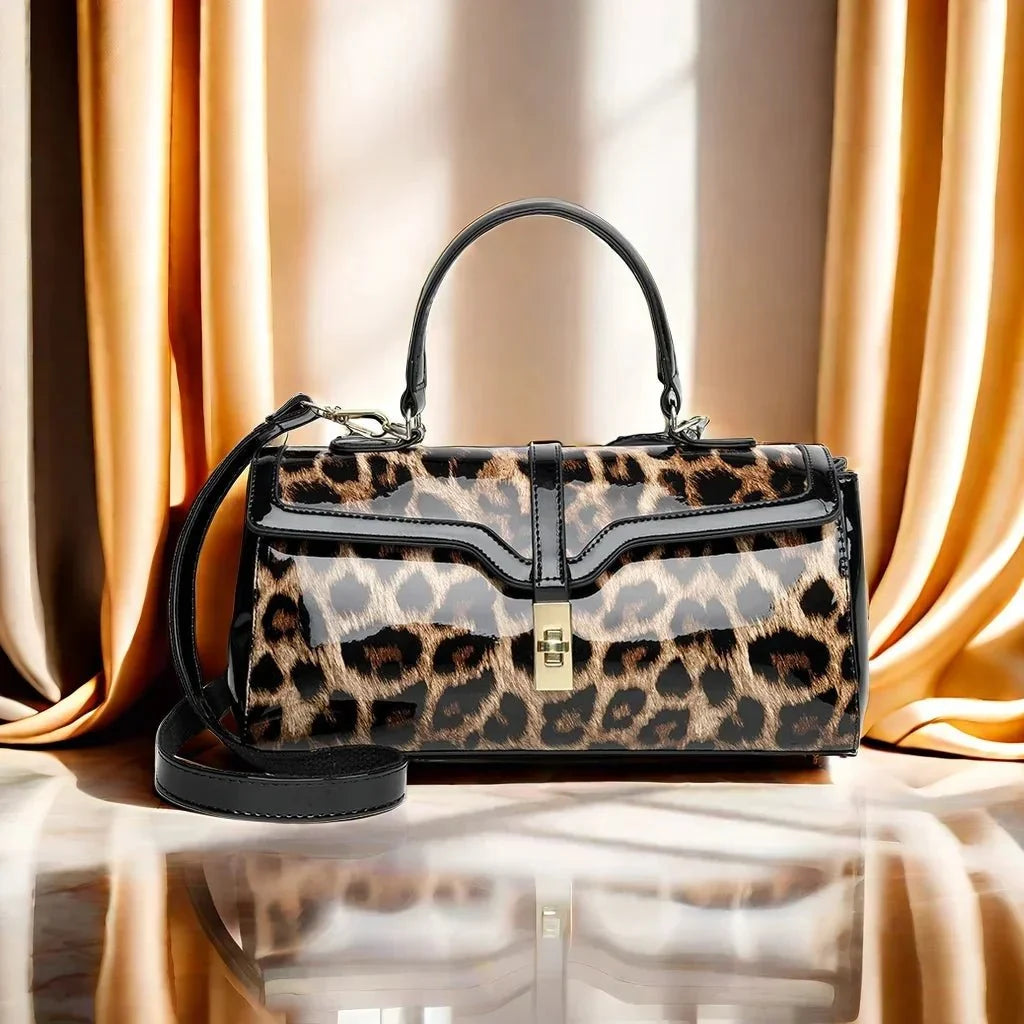 Patent Leather Tote Bag with Leopard Pattern