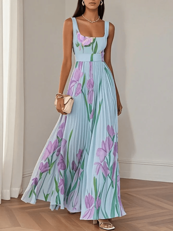 Pleated Square Neck Maxi Dress for Wedding Guests in Blue