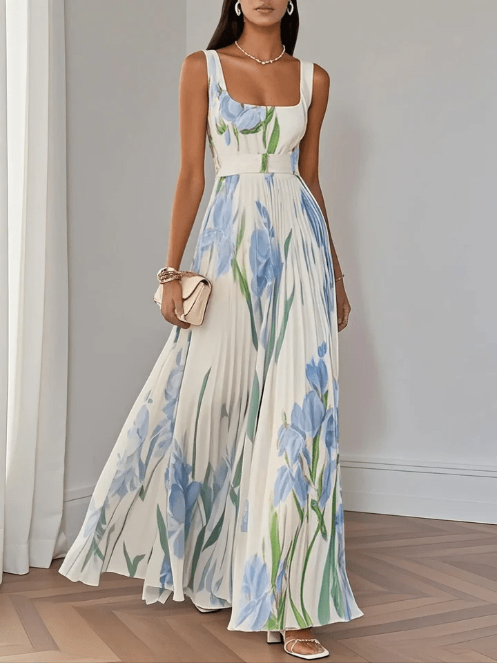 Pleated Square Neck Maxi Dress for Wedding Guests in Light Blue