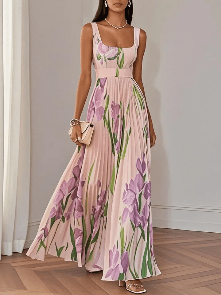 Pleated Square Neck Maxi Dress for Wedding Guests in Pink