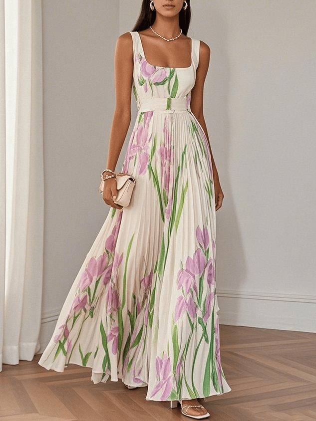 Pleated Square Neck Maxi Dress for Wedding Guests in White