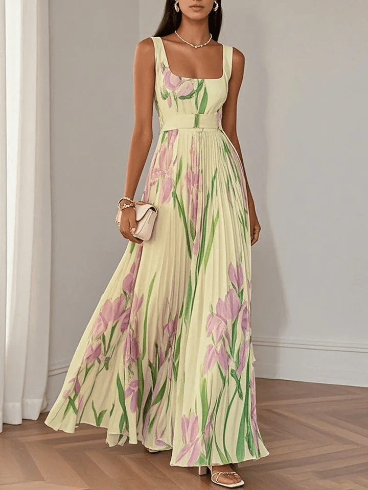Pleated Square Neck Maxi Dress for Wedding Guests in Yellow