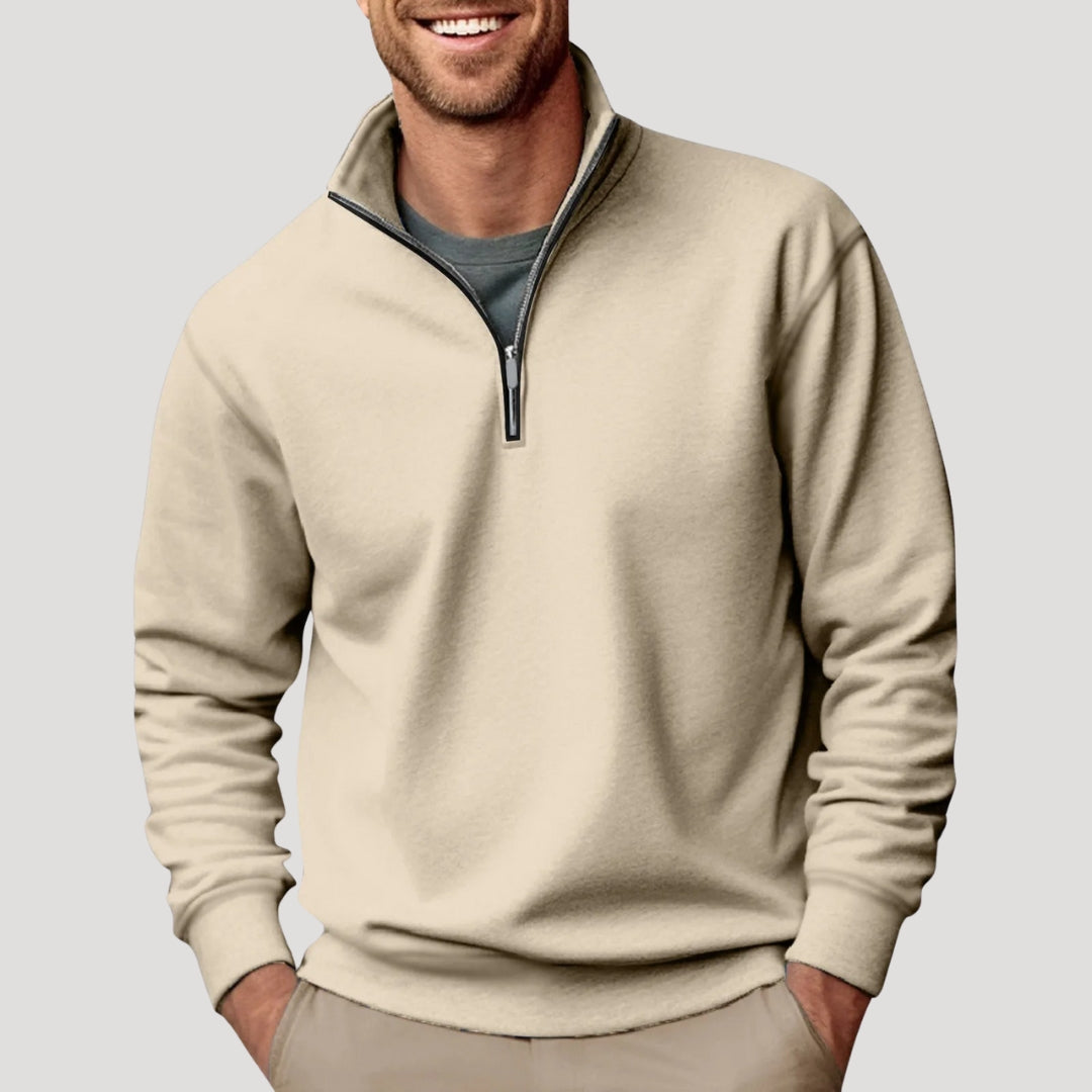 Relaxed Mens Jumper with Quarter-Zip in Beige