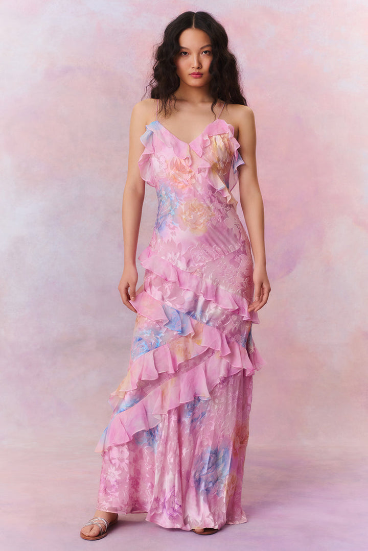Romantic Floral Layered Maxi Dress for Wedding Guests in Pink