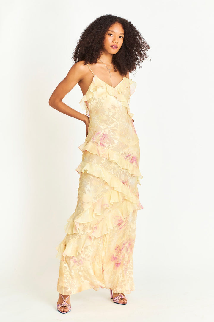 Romantic Floral Layered Maxi Dress for Wedding Guests in Yellow