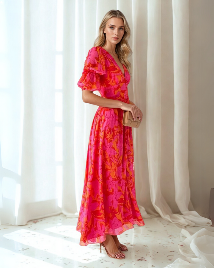 Rose Floral Summer Maxi Dress with Flutter Sleeves Foto 1