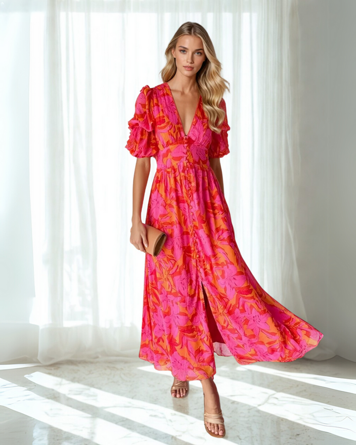 Rose Floral Summer Maxi Dress with Flutter Sleeves Foto 3