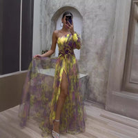 Amelia | Floral Print Evening Dress with Sheer Sleeves