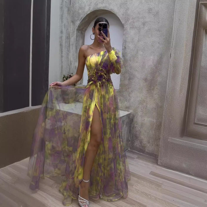 Scarlett Floral Print Evening Dress with Sheer Sleeves Foto 1