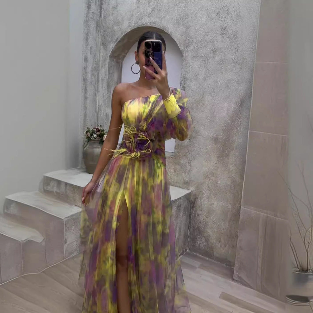 Scarlett Floral Print Evening Dress with Sheer Sleeves Foto 2