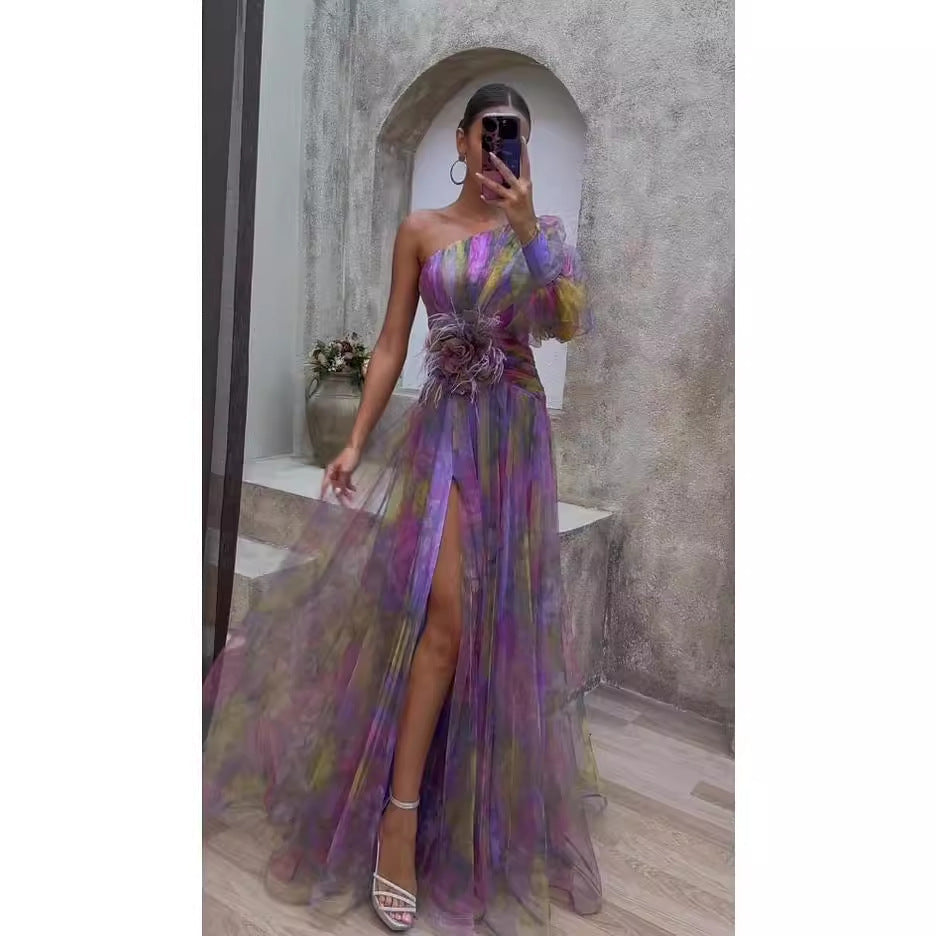Scarlett Floral Print Evening Dress with Sheer Sleeves Foto 3