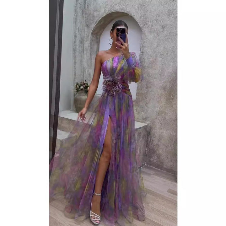 Scarlett Floral Print Evening Dress with Sheer Sleeves Foto 3