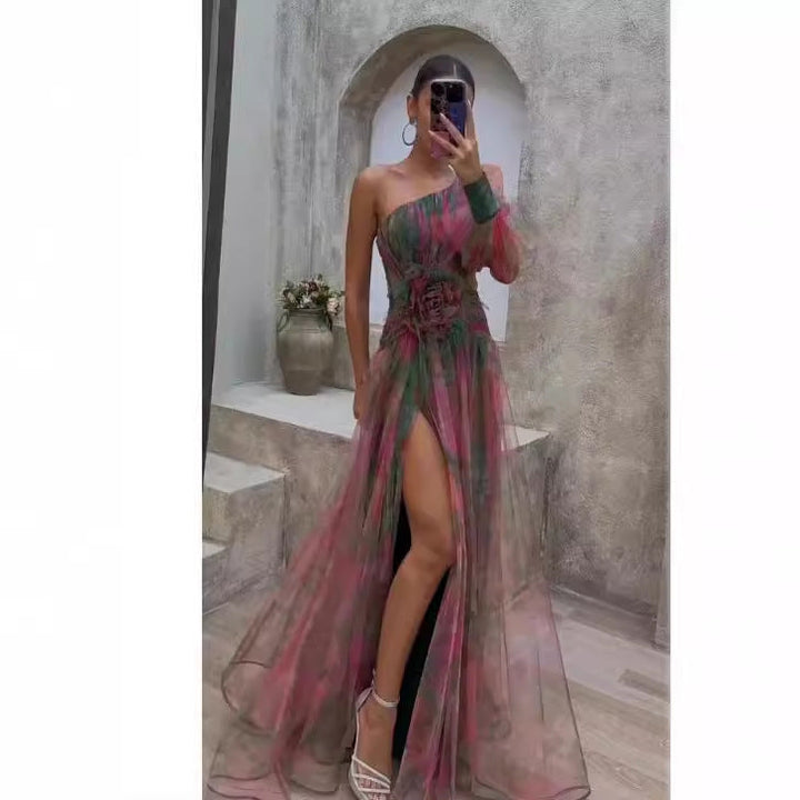 Scarlett Floral Print Evening Dress with Sheer Sleeves Foto 4