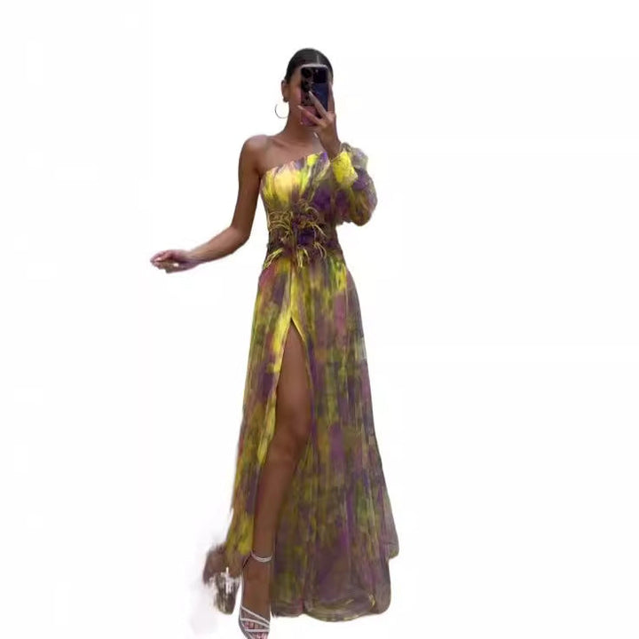 Scarlett Floral Print Evening Dress with Sheer Sleeves Foto 5