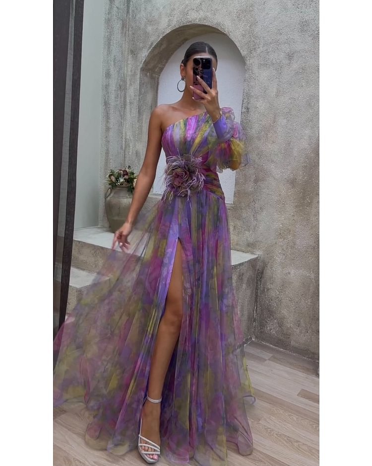 Scarlett Floral Print Evening Dress with Sheer Sleeves Foto 7