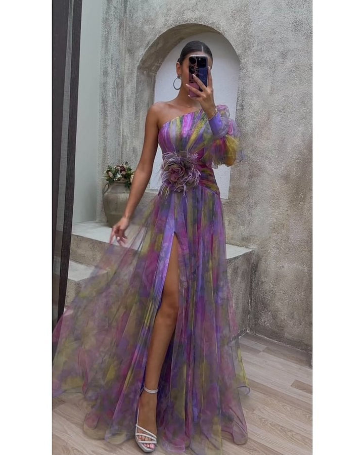 Scarlett Floral Print Evening Dress with Sheer Sleeves Foto 7