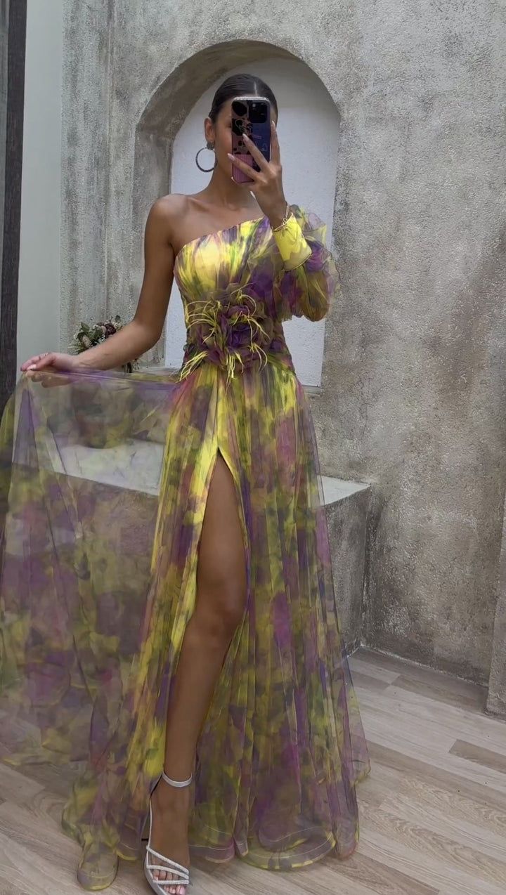Scarlett Floral Print Evening Dress with Sheer Sleeves Foto 8