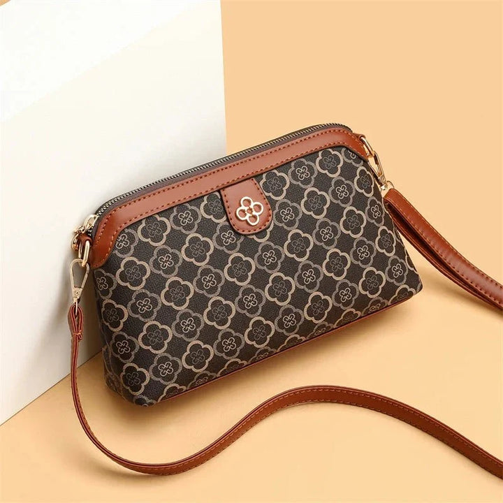 Structured Leather Tote Bag with Floral Design in Brown