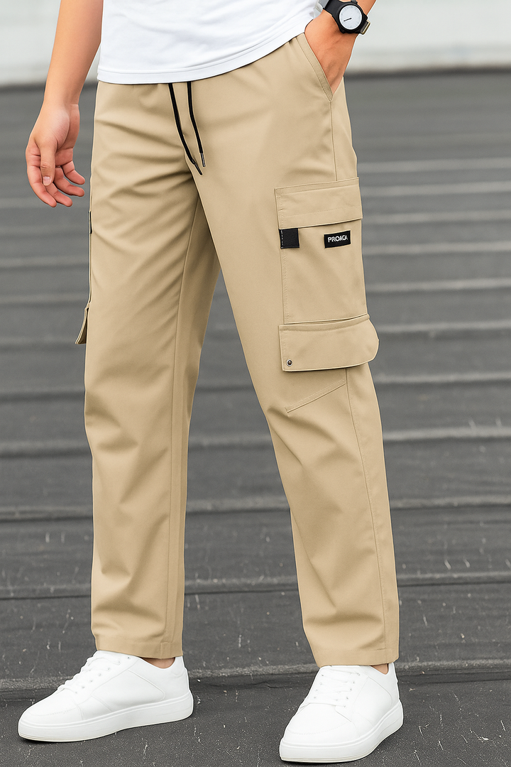 Structured Men's Cargo Trousers with Utility Pockets in Beige
