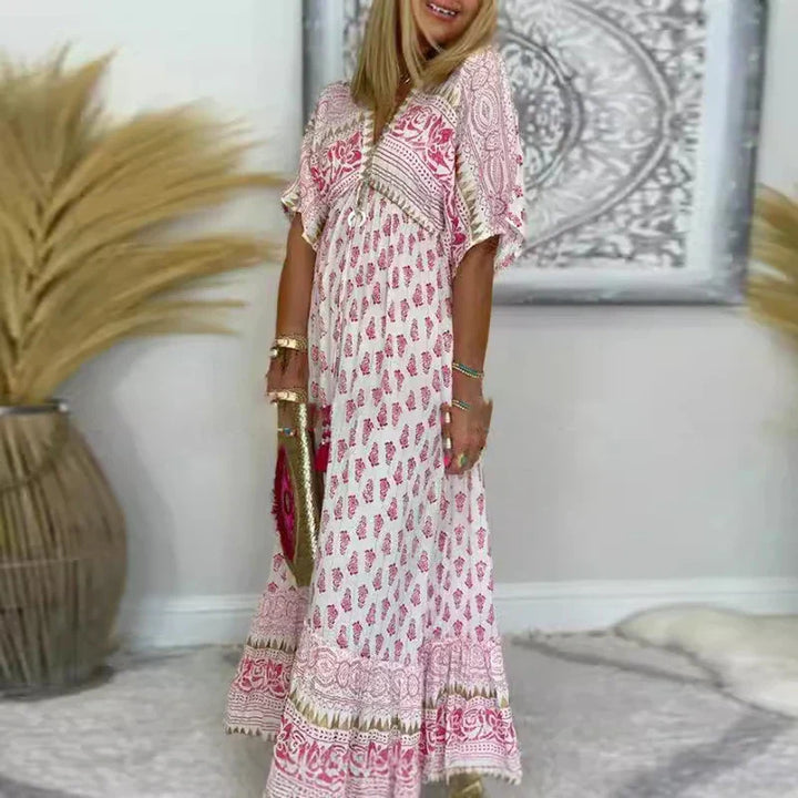 Summer Maxi Dress with Boho Print in Pink