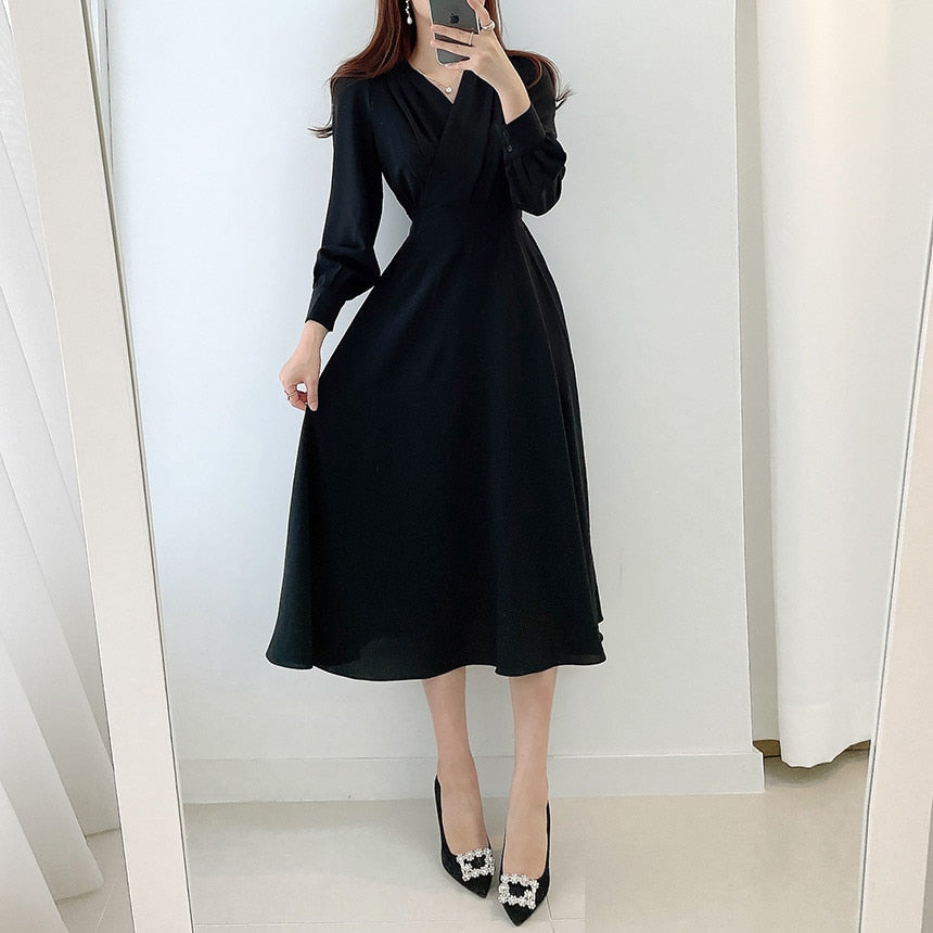 Women's A-Line Midi Party Dress for Autumn in Black