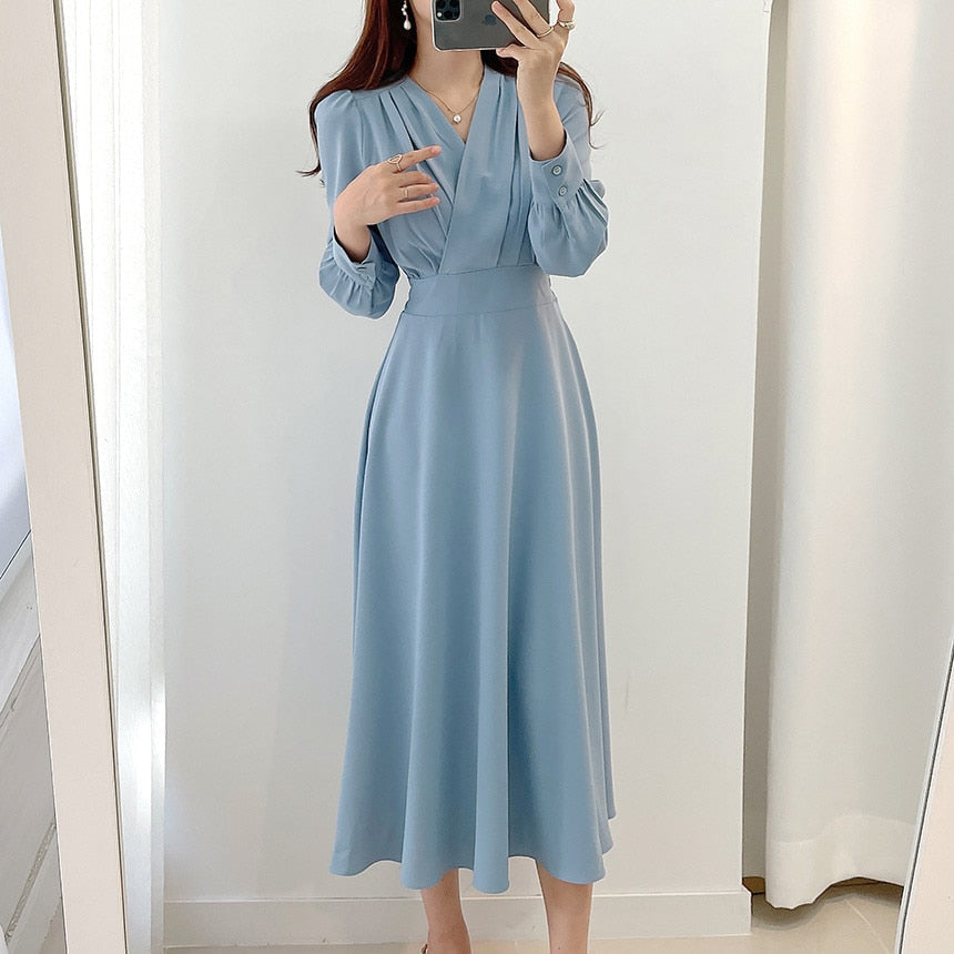 Women's A-Line Midi Party Dress for Autumn in Blue