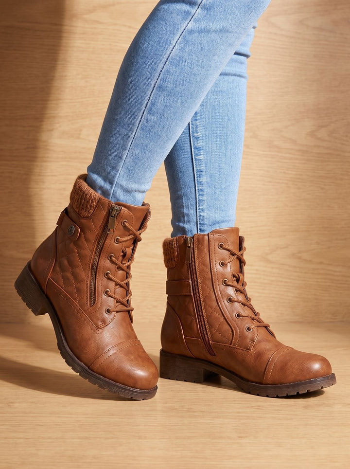 Women's Ankle Boots, Quilted Lace-Up with Block Heel