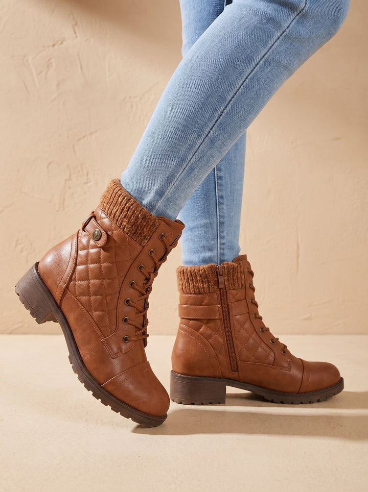 Women's Ankle Boots, Quilted Lace-Up with Block Heel (3)