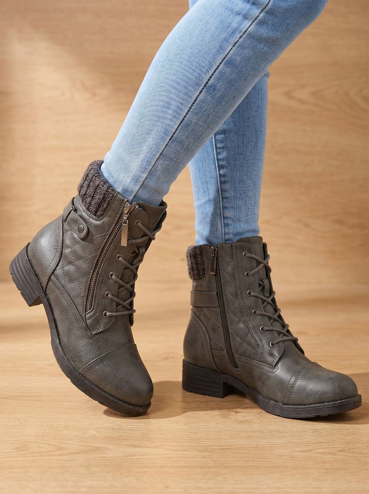 Women's Ankle Boots, Quilted Lace-Up with Block Heel (5)