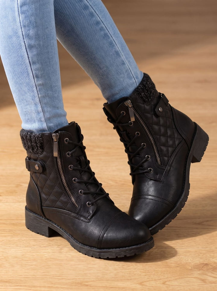 Women's Ankle Boots, Quilted Lace-Up with Block Heel in Black