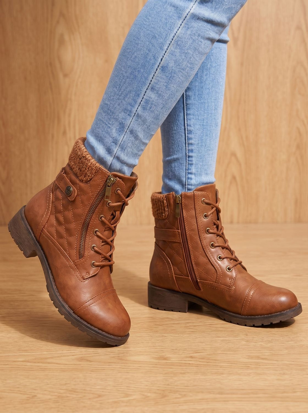 Women's Ankle Boots, Quilted Lace-Up with Block Heel in Brown