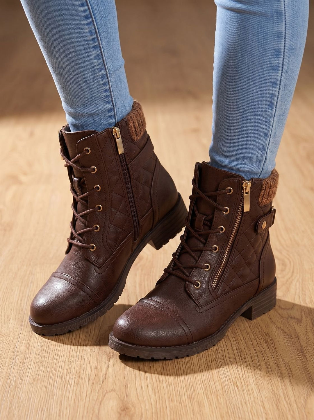 Women's Ankle Boots, Quilted Lace-Up with Block Heel in Dark Brown
