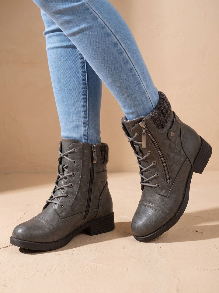 Women's Ankle Boots, Quilted Lace-Up with Block Heel in Grey