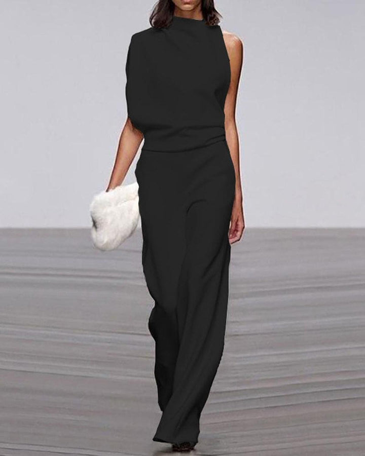 Women's Asymmetrical Jumpsuit with Wide Legs in Black
