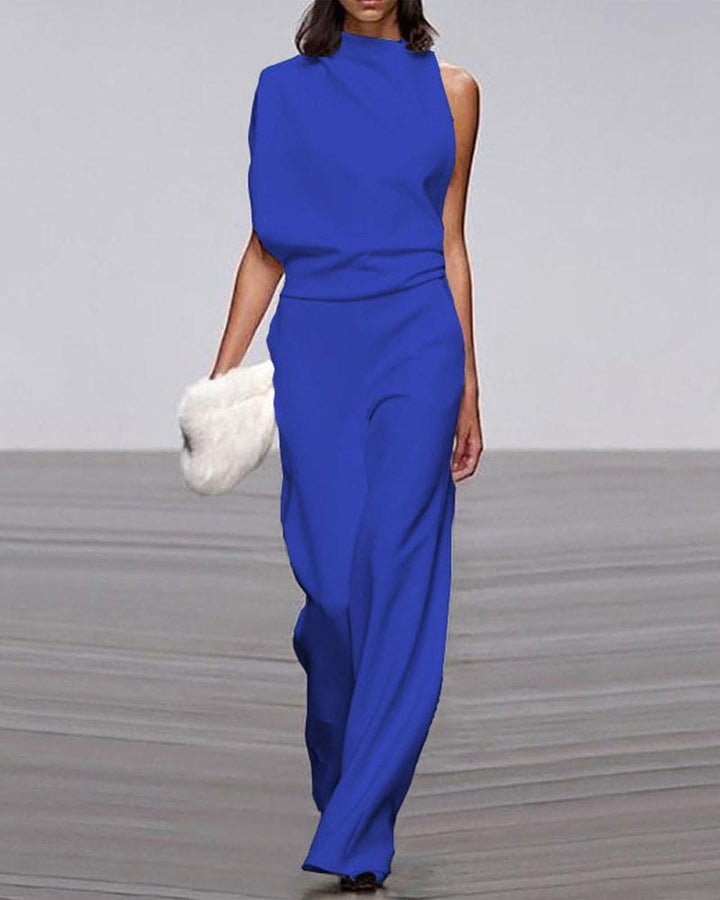 Women's Asymmetrical Jumpsuit with Wide Legs in Blue