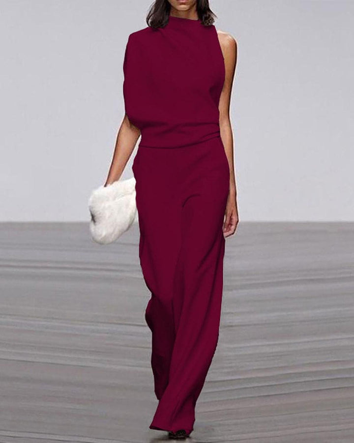Women's Asymmetrical Jumpsuit with Wide Legs in Dark Red