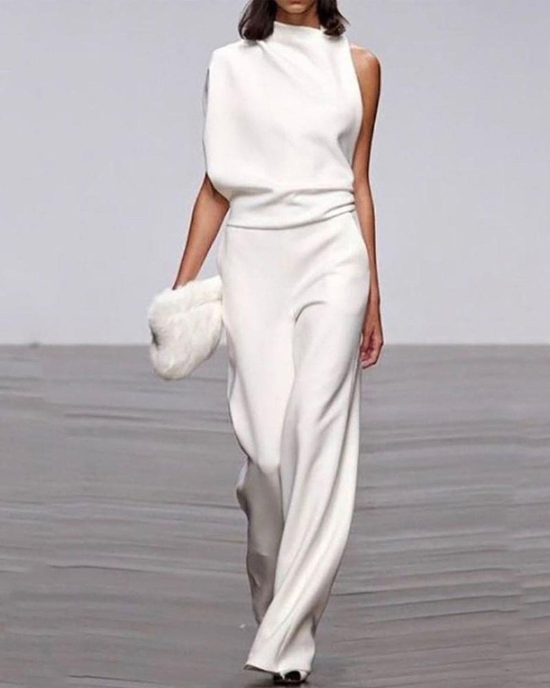 Women's Asymmetrical Jumpsuit with Wide Legs in White