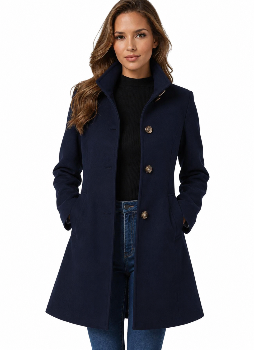 Women's Autumn Coat with Button Front in Navy