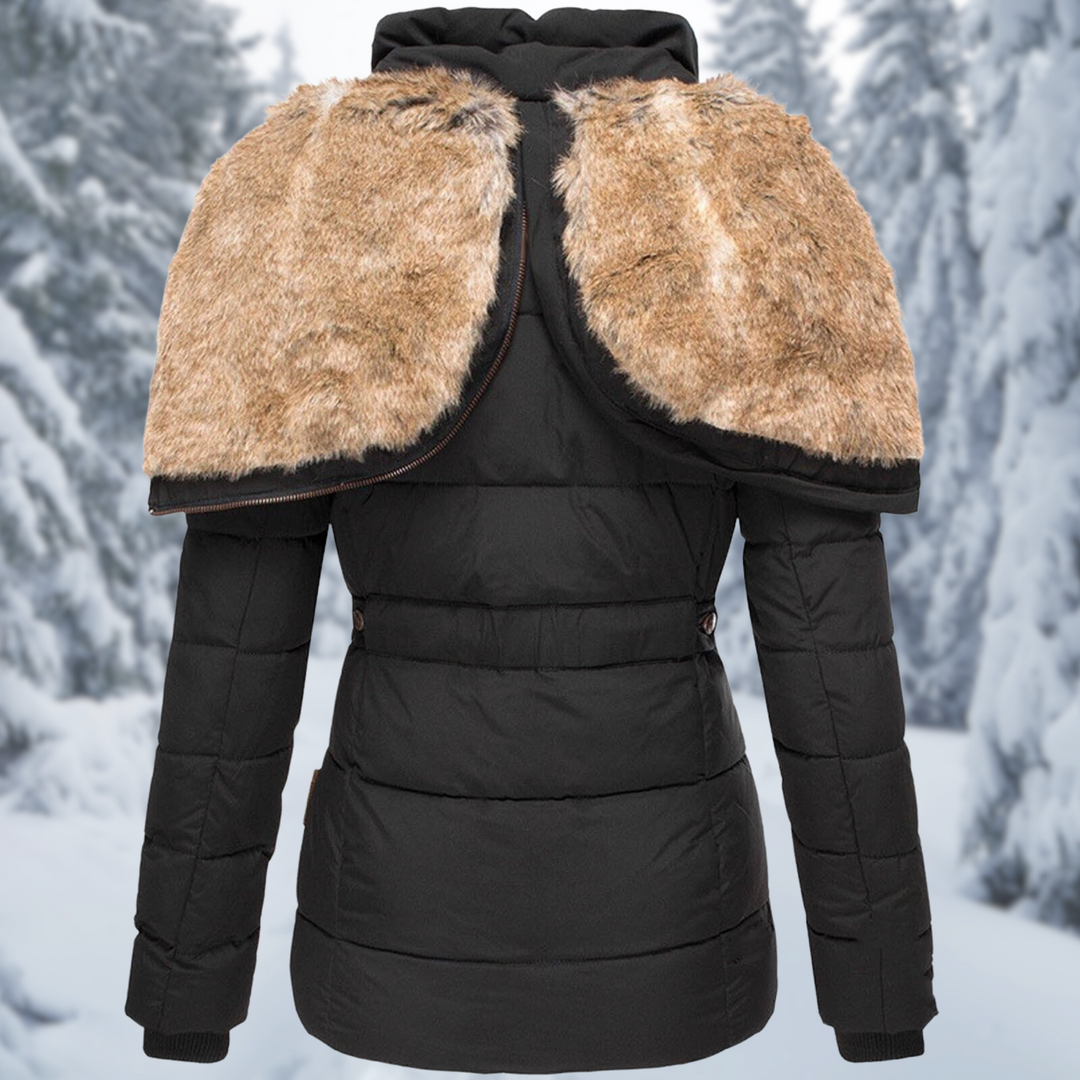 Women's Autumn Coat with Fur-Lined Hood in Black 2