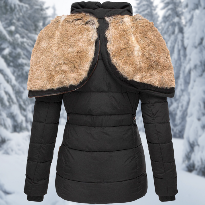 Women's Autumn Coat with Fur-Lined Hood in Black 2