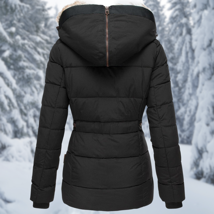 Women's Autumn Coat with Fur-Lined Hood in Black 3