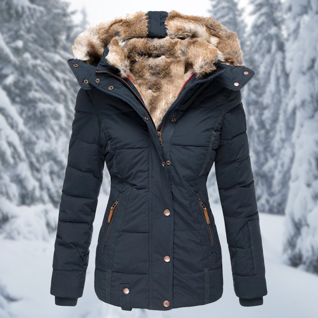 Women's Autumn Coat with Fur-Lined Hood in Blue