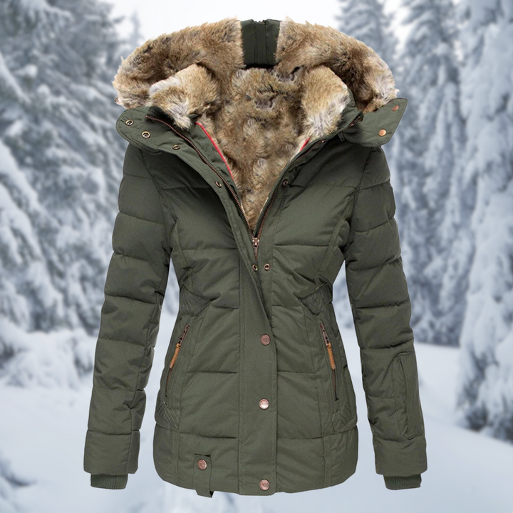 Women's Autumn Coat with Fur-Lined Hood in Green