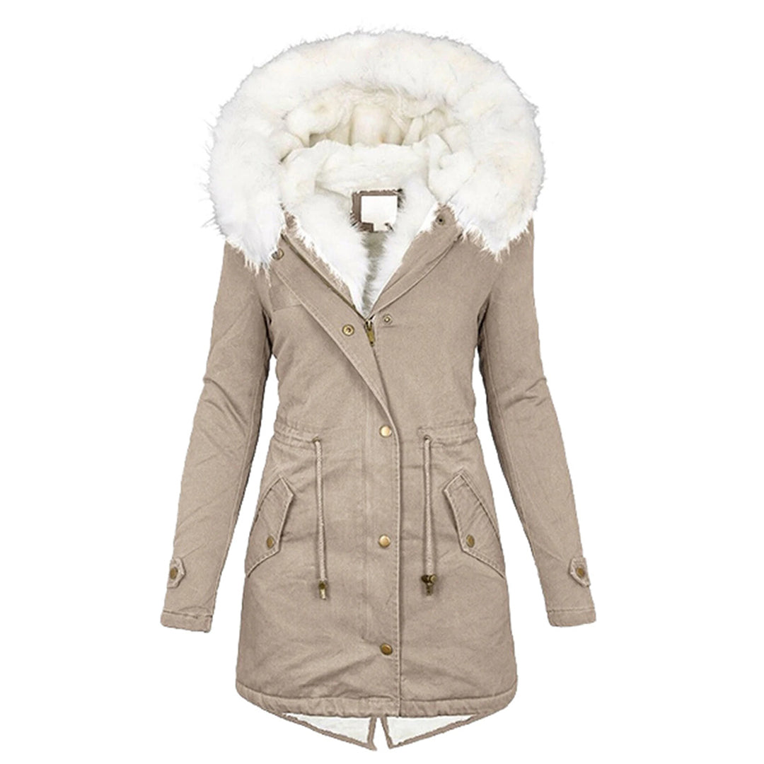 Women's Autumn Coat with Hood and Fleece in Khaki