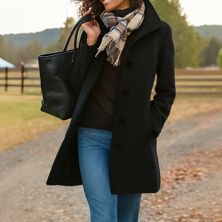 Women's Autumn Coat with Midi Button Front in Black