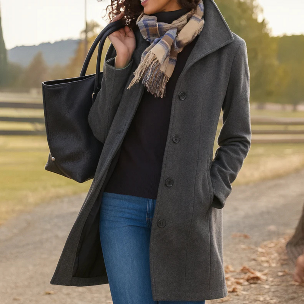 Women's Autumn Coat with Midi Button Front in Grey