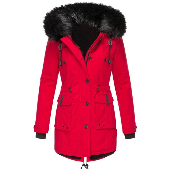 Women's Autumn Cotton Parka with Hood in Red