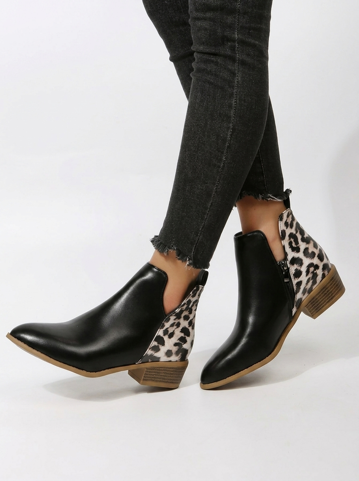 Women's Black Animal Print Ankle Boots in Black
